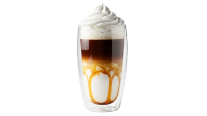 Delicious caramel latte macchiato with whipped cream isolated PNG, layered coffee drink in a glass on transparent background for cafe menu