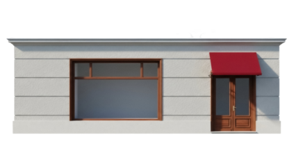 Storefront with red awning and wooden door isolated PNG, shop facade with window on transparent background, commercial building exterior