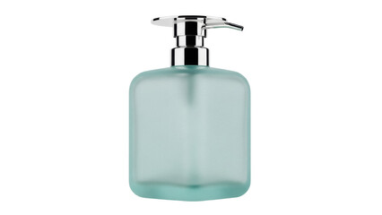 Elegant frosted glass soap dispenser isolated PNG, refillable container with chrome pump for bathroom or kitchen on transparent background