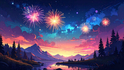 Colorful fireworks over mountain lake at sunset with starry sky and pine silhouette, joyful celebration scene