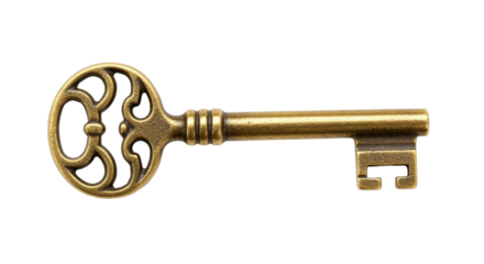Golden vintage skeleton key isolated on transparent background