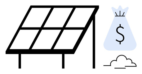 Solar panel beside money bag representing financial savings and renewable energy benefits. Ideal for sustainability, eco-friendly technology, green energy, investment, efficiency, future innovation