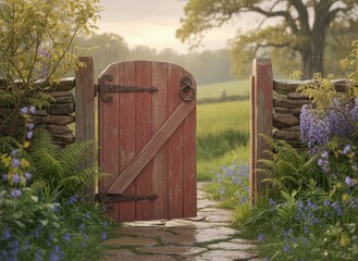 Fototapeta premium Rustic Red Door Gate Surrounded by Lush Greenery and Flowers