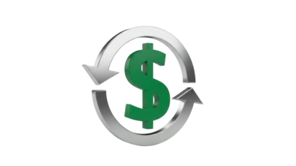 Green dollar sign with silver arrows isolated PNG, money exchange and currency conversion concept on transparent background