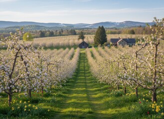 Naklejka premium Scenic Apple Orchard in Bloom with Houses and Mountains in Background
