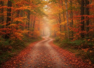 Fototapeta premium Serene Autumn Forest Pathway with Colorful Leaves and Mist