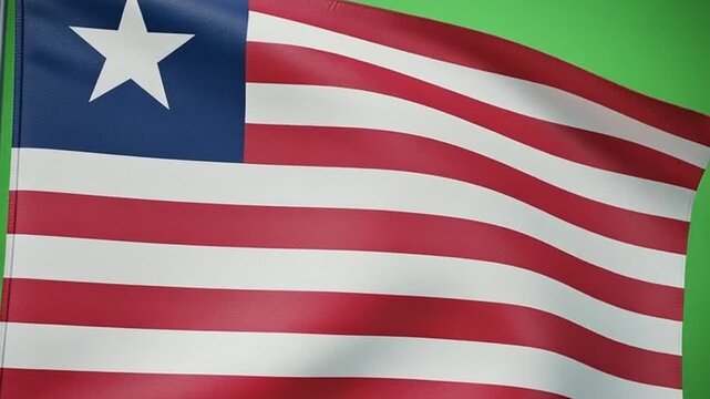 Flag of Liberia Video Waving in Wind on Pole with Red White Blue Colors and White Star Symbol on Green Background