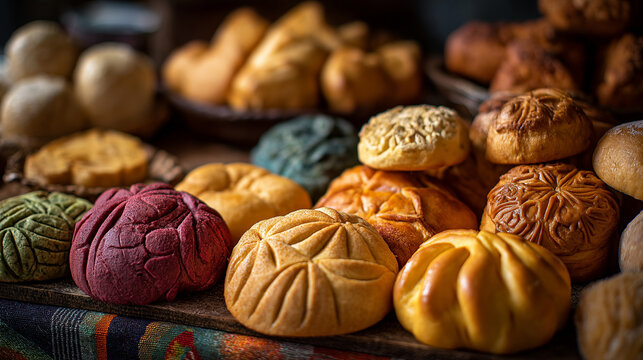 Assorted Mexican pan dulce sweet breads displayed in bakery setting, colorful textures, soft lighting,
