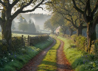 Naklejka premium Serene Country Road with Trees and Morning Mist at Dawn