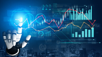 A robotic hand reaches out to engage with a sophisticated digital analytics interface showcasing various metrics, enhancing understanding of data-driven insights. Scalp