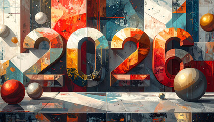 2026 large painted numbers on textured geometric wall with colorful spheres and dramatic light, vibrant abstract composition evoking celebration