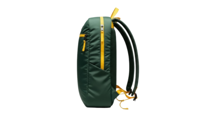 Dark green backpack PNG isolated on transparent background, modern rucksack with yellow zippers and straps for school and travel