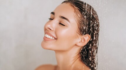 Naklejka premium Young woman finding relaxation and joy during a daily shower, her face glowing with happiness