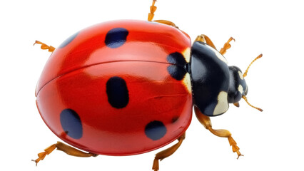 Red ladybug PNG isolated on transparent background, close-up of a seven-spot ladybug with black spots, beneficial insect for garden and nature projects