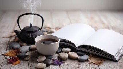 Tea Ceremony Still Life with Open Book and Autumn Leaves