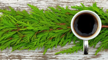 Coffee Mug on Rustic Wood with Evergreen Branches