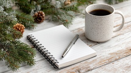 Cozy Winter Desk with Coffee, Notebook, and Pine Branches