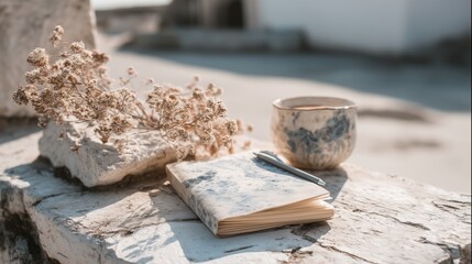 Outdoor Rustic Still Life with Notebook, Coffee and Dried Flowers
