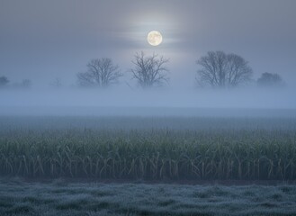 Serene Moonlit Landscape with Foggy Cornfield and Bare Trees