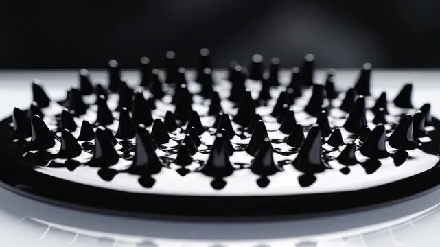 Extreme Close Up Of Ferromagnetic Fluid Reacting To Magnetic Field Creating Spiky Jagged Shapes And Abstract Patterns In Dark Studio Lighting With Soft Focus Background And Clean White Surface Below