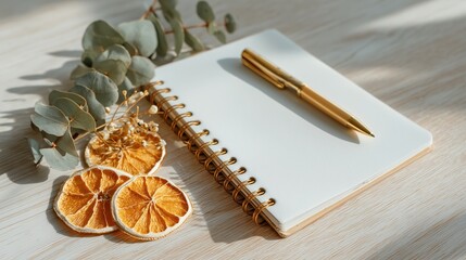 Flat Lay of Journal, Golden Pen, and Botanical Elements