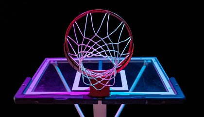 A vibrant basketball hoop and backboard are dramatically lit by glowing pink and blue neon lights, creating an artistic and energetic vision of urban night sports