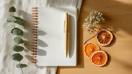 Flat Lay with Notebook, Pen, Eucalyptus, and Dried Oranges