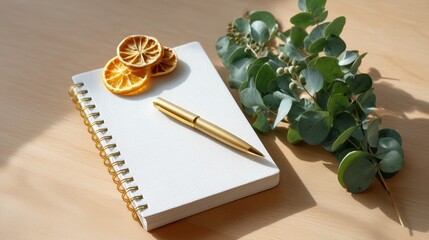 Notebook with Gold Pen Dried Oranges and Eucalyptus on Wood Table