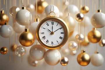 New Year's Eve Clock Countdown Surrounded by Gold and White Ornaments