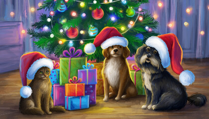 Adorable festive pets in Santa hats celebrating Christmas under a beautifully decorated tree with presents, bringing holiday cheer and warmth