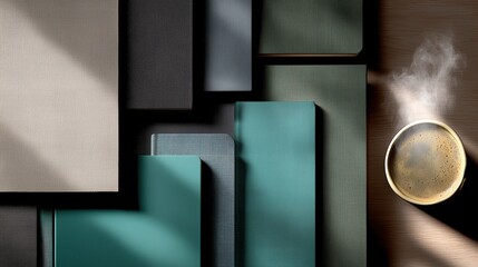 Cozy Morning Coffee and Textured Notebooks with Sunlight