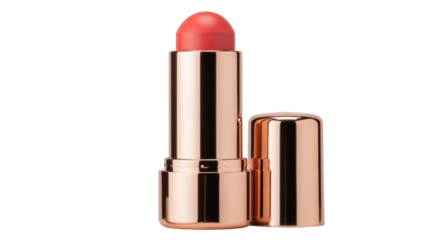 Coral lipstick with gold tube isolated PNG on transparent background, beauty product for makeup and cosmetic use