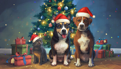Festive Companions A Trio of Adorable Dogs and a Cat Wearing Santa Hats Beside a Decorated Christmas Tree with Wrapped Presents