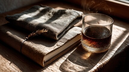 Cozy morning with book and hot drink by window