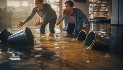 Shocked homeowners react to major water damage in their house, standing in a room submerged by brown water while making a phone call for emergency repairs