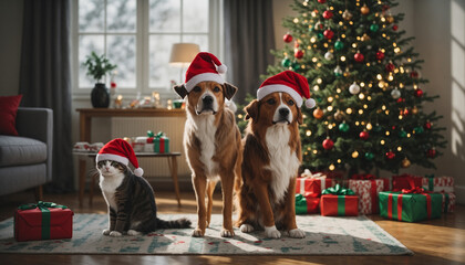 Christmas scene with three pets wearing Santa hats, a dog, a cat, and another dog, in a decorated living room with a Christmas tree and gifts