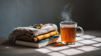 Cozy Warmth: Hot Tea and Knitted Blankets on a Table