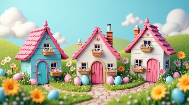 Three colorful houses nestled in a whimsical spring landscape filled with easter eggs