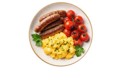 Breakfast plate with sausages, scrambled eggs, and cherry tomatoes isolated PNG, delicious morning meal on transparent background