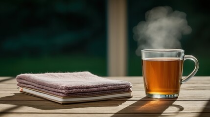 Steaming Hot Tea Cup and Notebook on Wooden Table