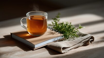 Warm Herbal Tea and Notebook on Wooden Table with Sunlight