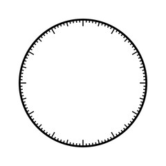 Mechanical clock face, bezel. Watch dial with minute and hour marks. Timer or stopwatch element. Blank measuring circle scale with divisions. Vector illustration