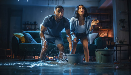 Distressed Couple Reacts to Major Home Water Leak, Struggling to Contain the Unexpected Plumbing Emergency and Prevent Further Damage in Their Living Room