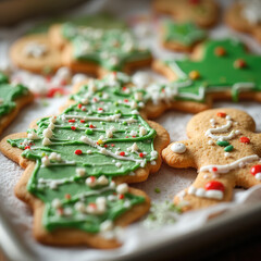 Brightly Decorated Christmas Tree and Gingerbread Cookies with Icing