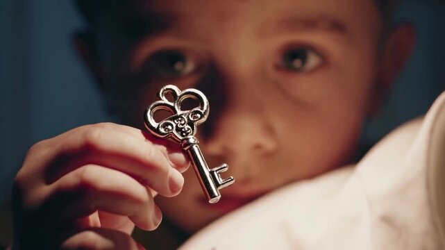 Child holding a small key close to their face, symbolizing curiosity, imagination, secrets, dreams, and the concept of discovery.