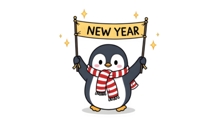 Penguin holds New Year banner with scarf on