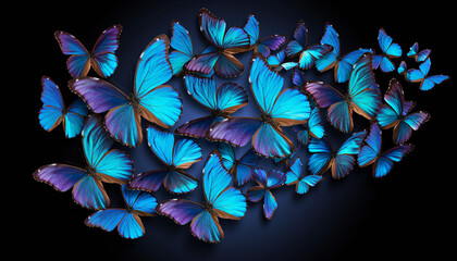 A swarm of luminous blue butterflies in flight against a dark background, showcasing their iridescent wings