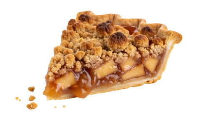 Delicious apple crumble pie slice isolated PNG, sweet dessert with baked fruit filling and buttery topping on transparent background