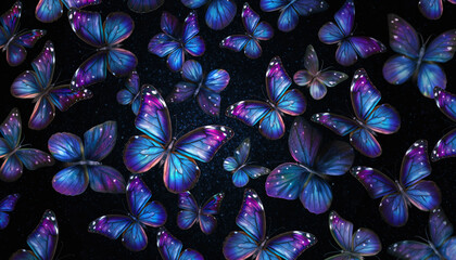 Enchanting swarm of luminous butterflies, their delicate wings adorned with mesmerizing cosmic blue and purple patterns, gracefully appearing against a dark, mystical canvas