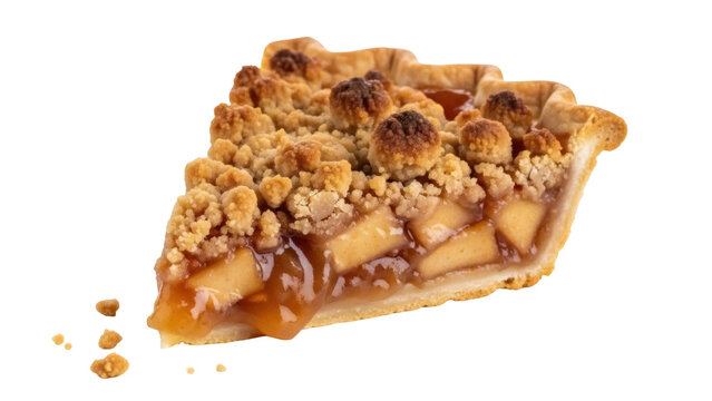 Delicious apple crumble pie slice isolated PNG, sweet dessert with baked fruit filling and buttery topping on transparent background